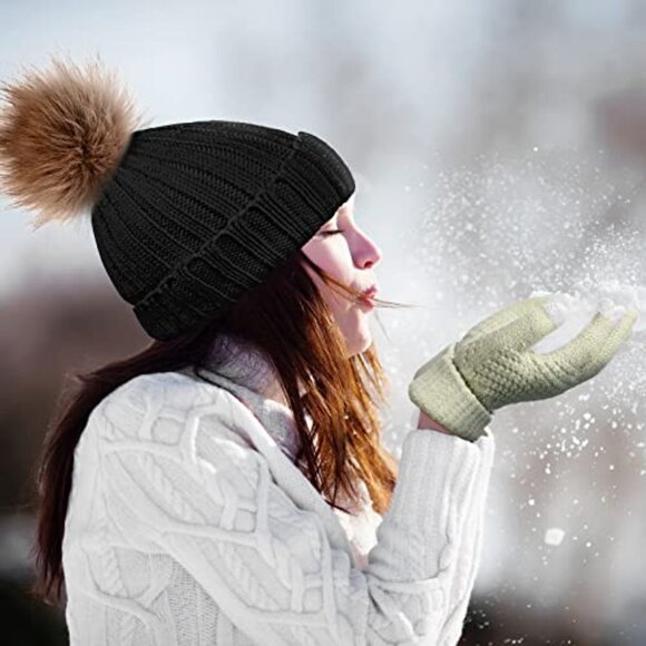 Fleece Lined Pom Beanie Touchscreen Gloves Set Unisex Winter Warm Accessories - Picture 7 of 8